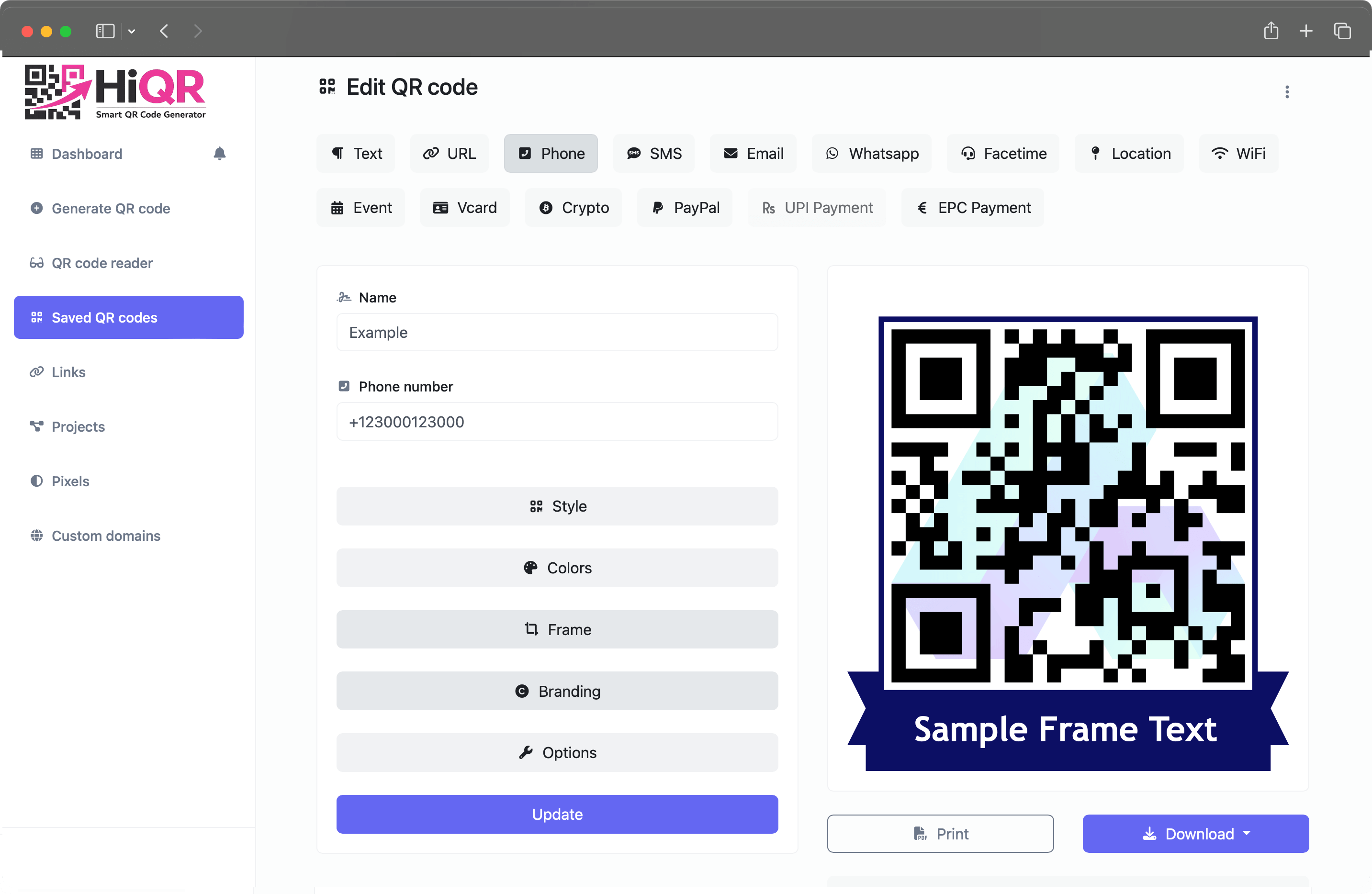 Screenshot of the QR code generator page
